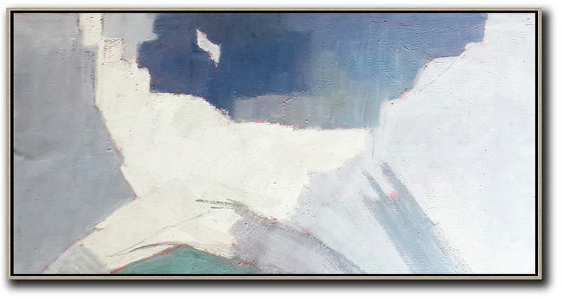 Hand Painted Extra Large Abstract Painting,Horizontal Palette Knife Contemporary Art,Abstract Oil Painting,Grey,Lake Blue,White.etc